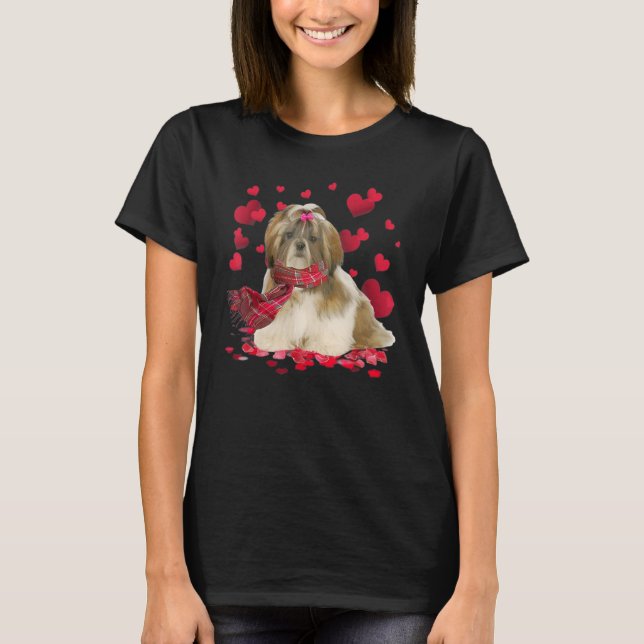 Camiseta Adorável Shih Tzu Corações Cachorro Cachecol Dia d (Frente)