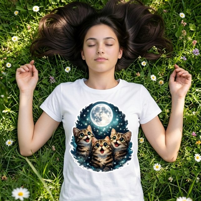 Camiseta Adorável Trio de Gatos Miando Sob a Lua Cheia Femi (Criador carregado)
