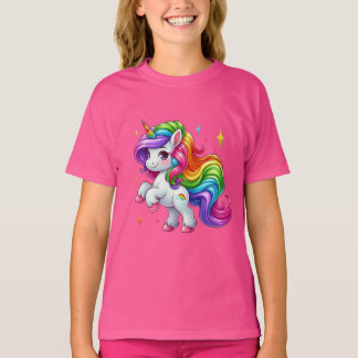 Camiseta Adorável Unicórnio Arco-íris com Nuvem e Marca de 
