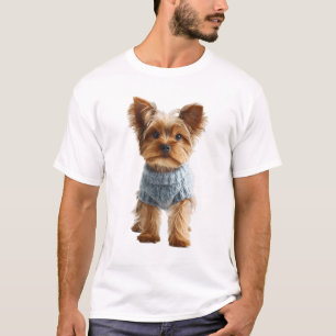 Camiseta Adorável Yorkshire Terrier em Tricô Azul Claro