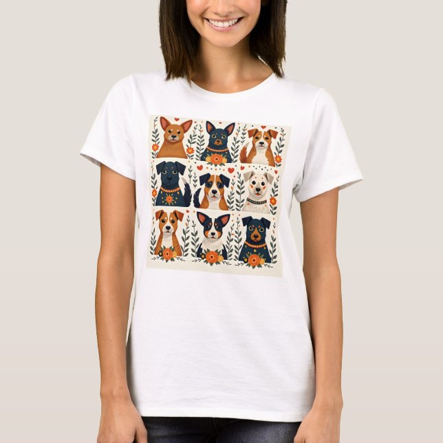 Camiseta Adoro cães - estilo Folk Art 3x3 (Frente)
