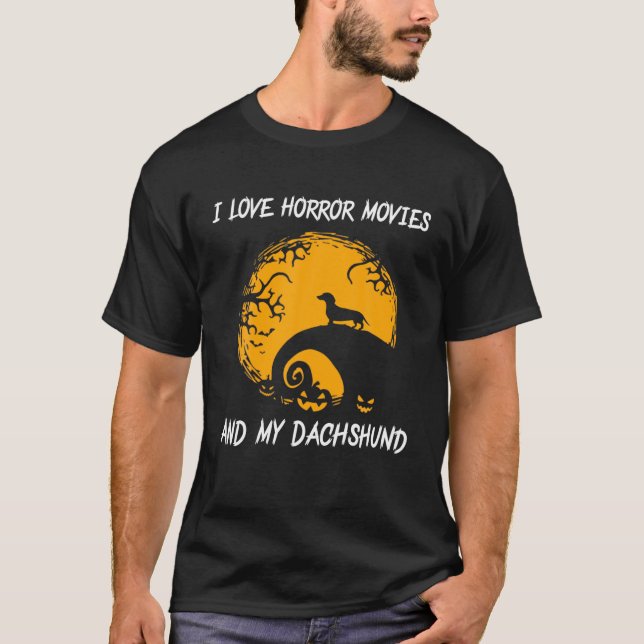 Camiseta Adoro Filmes De Horror E Meu Dachshund (Frente)