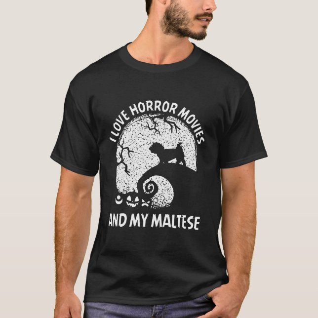 Camiseta Adoro Filmes De Horror E O Meu Halloween Maltês (Frente)