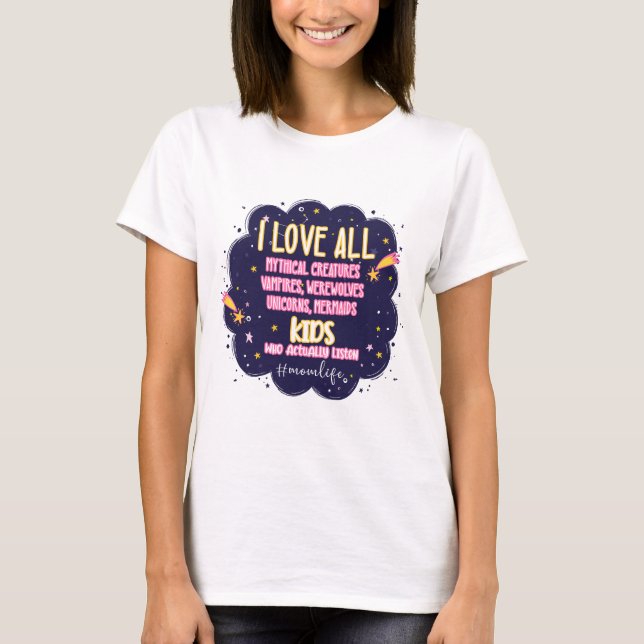 Camiseta Adoro Todas As Criaturas Míticas, Vampiros, Lobiso (Frente)