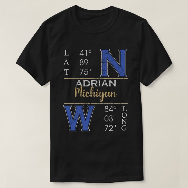 Camiseta Adrian Michigan Latitude e Longitude (Frente do Design)