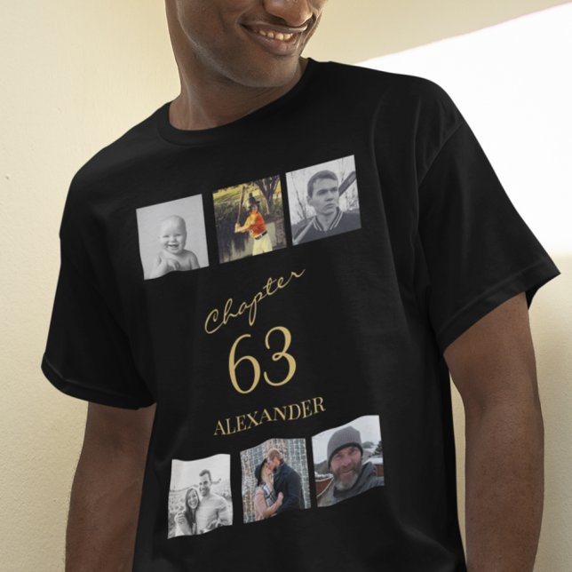 Camiseta Adulto 6 Foto Preta E Dourada Qualquer Idade Anive (Black and gold birthday t-shirt with 6 photo template. )