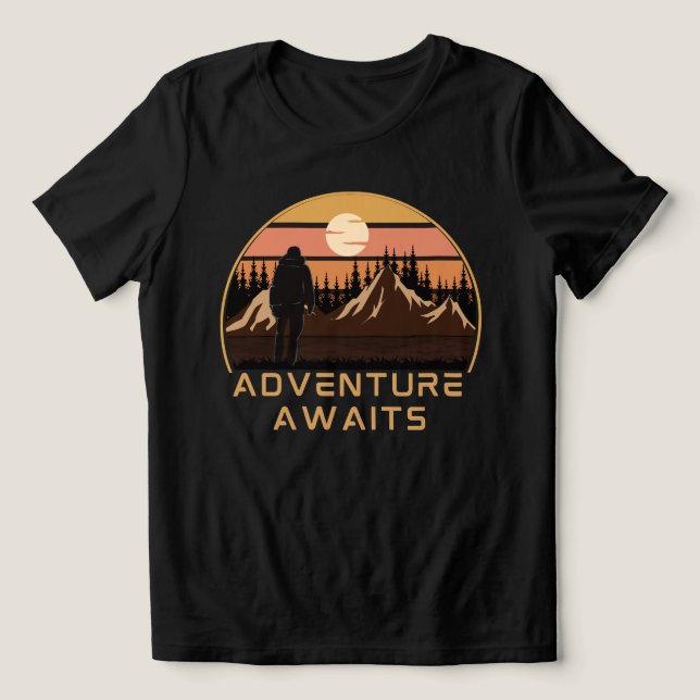 Camiseta Adventure começa a acampar, aventura aguarda (Design frontal)