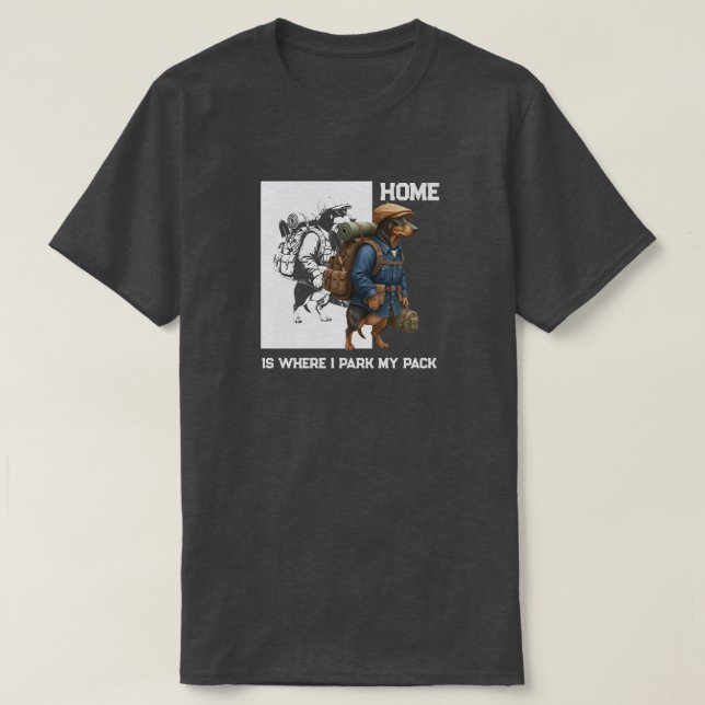 Camiseta Adventurous Dachshund Hiker Home Is Where My Pack (Frente do Design)