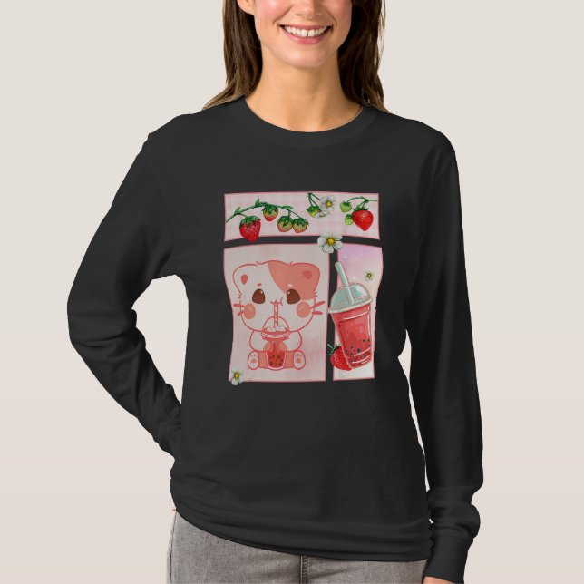 Camiseta Aesthetic Harajuku Cute Cat Drink Strawberry Boba  (Frente)