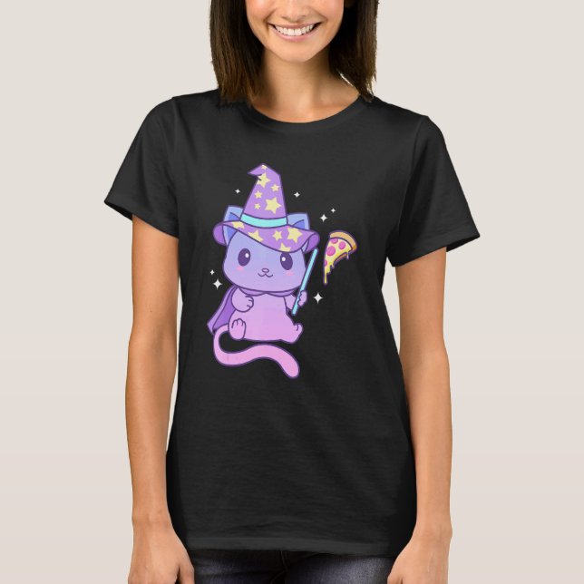 Camiseta Aesthetic Pastel Goth Kitten With Pizza Cute Pizza (Frente)