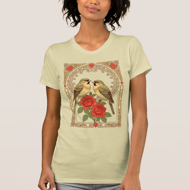 Camiseta Affectionate Birds and Red Roses Art Nouveau (Frente)