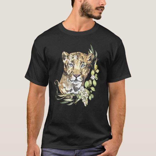 Camiseta África Leopardo I Grande Gato I Flores Selvagens I (Frente)