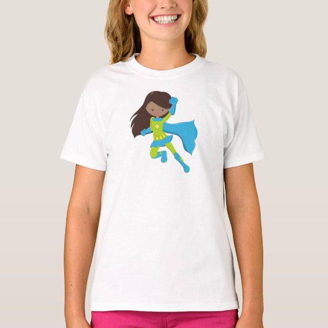Camiseta African American Girl, Super Herói Girl, Blue Cape (Frente)