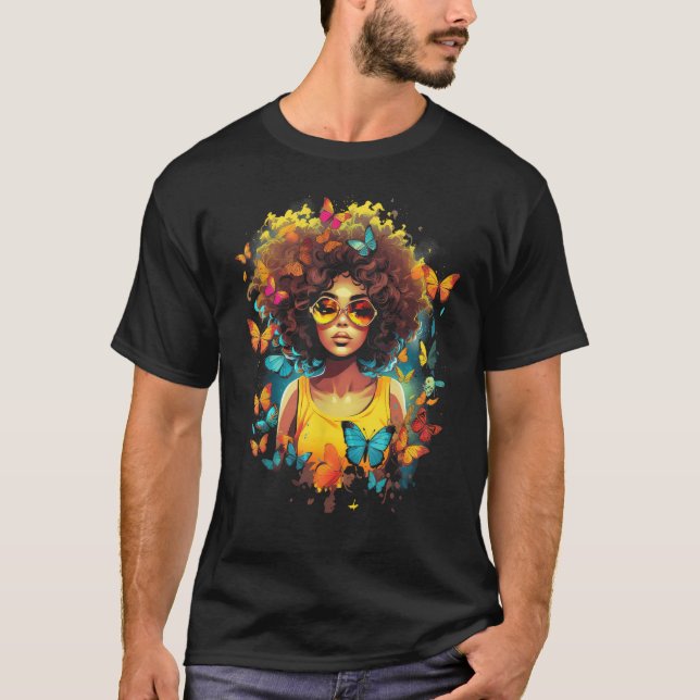 Camiseta African American Woman Black Girl With Butterflies (Frente)