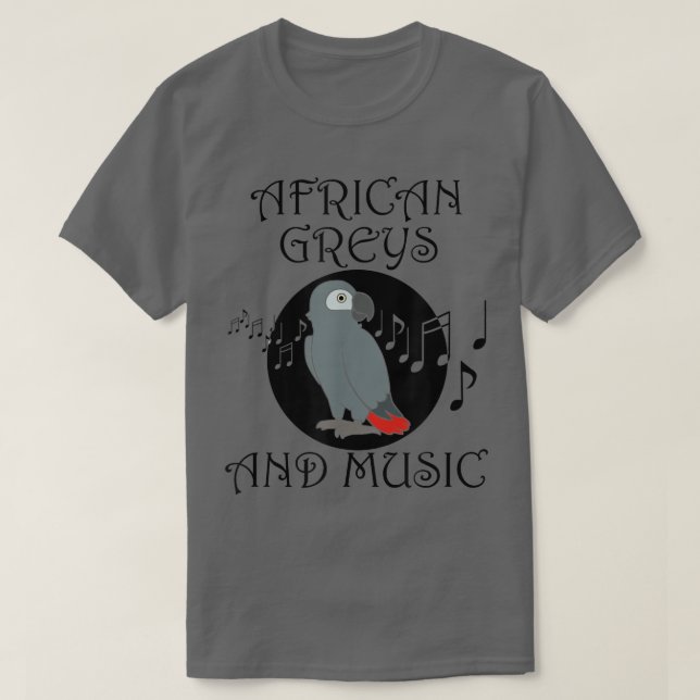 Camiseta African Grays and Music Notes Musical Parrot (Frente do Design)