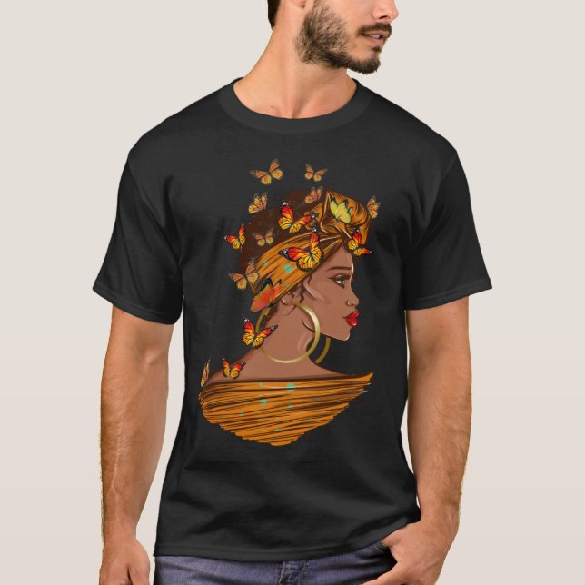 Camiseta Afro African Woman Butterflies Black Queen History (Frente)