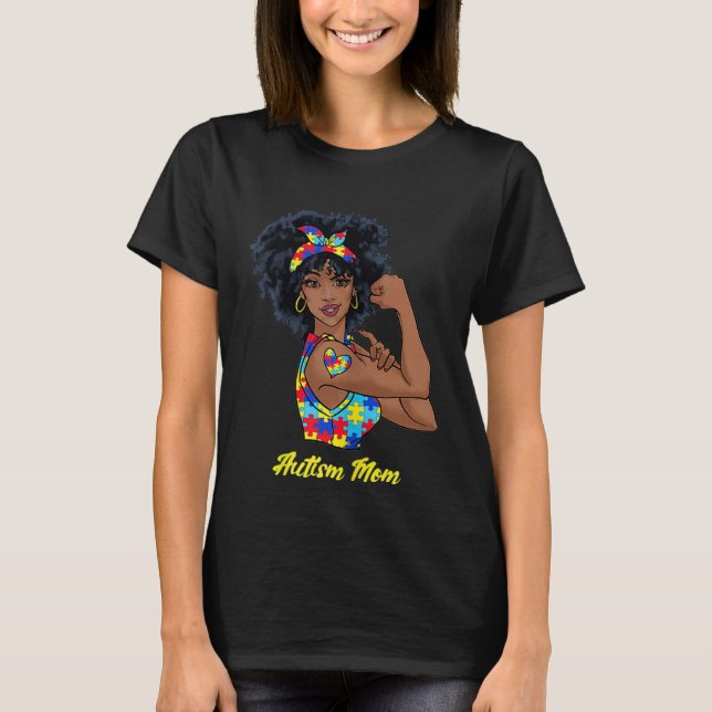 Camiseta Afro Black Woman Autism Mom Awareness Tattoo Jigsa (Frente)