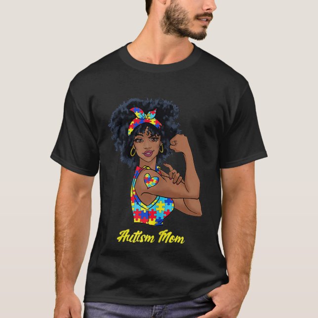 Camiseta Afro Black Woman Autism Mom Awareness Tattoo Jigsa (Frente)