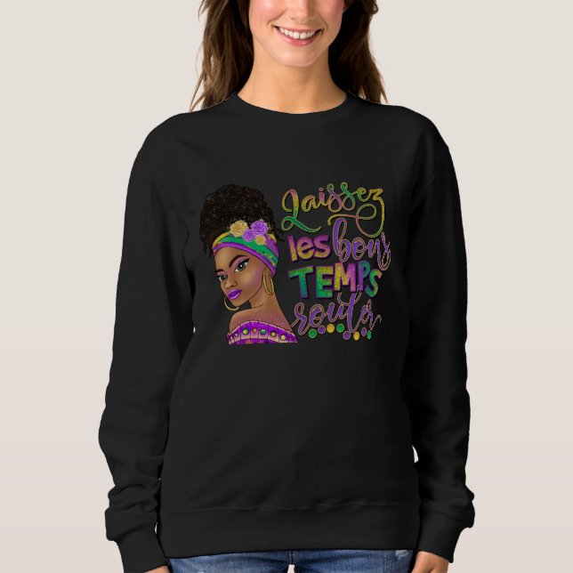 Camiseta Afro Messy Bun Happy Mardi Gras Black Women Carniv (Frente)