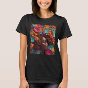 Camiseta Afro Mulher Preta Floral Puff Melanin Blue Pi