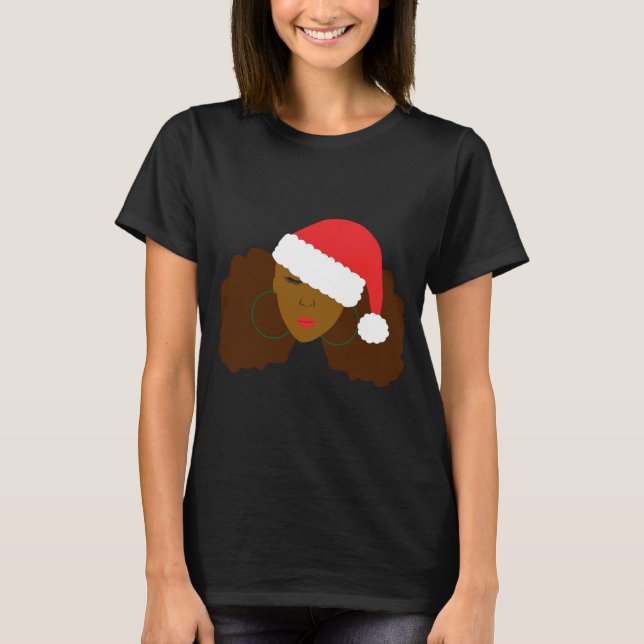 Camiseta Afro Puff Negra Mulher Santa Hat Cabelo Natural Ch (Frente)
