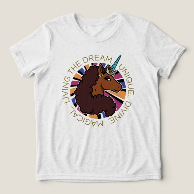 Camiseta Afro Unicorn Vivendo o Design do Sonho (Design frontal)