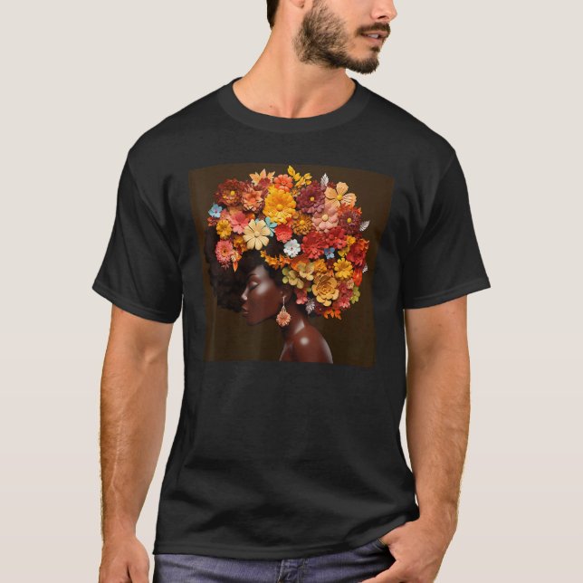 Camiseta Afro Woman Floral Black Queen Puff Melanin Magic F (Frente)