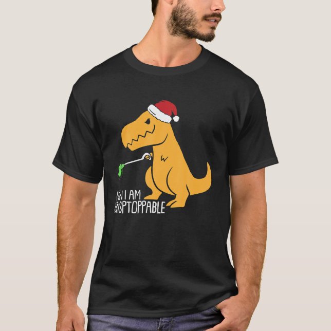 Camiseta Agora, Eu Sou Ilimitada Rex Christmas Dinossaur Bo (Frente)