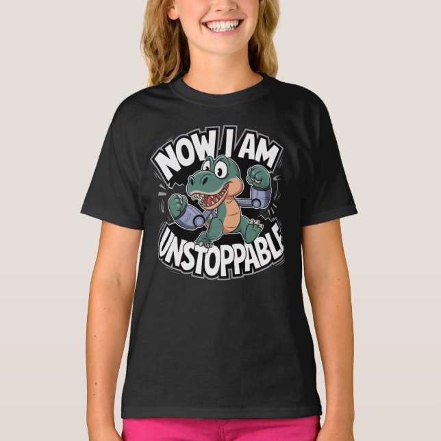 Camiseta Agora sou um T-Rex Engraçado e Implacável com Braç (Frente)
