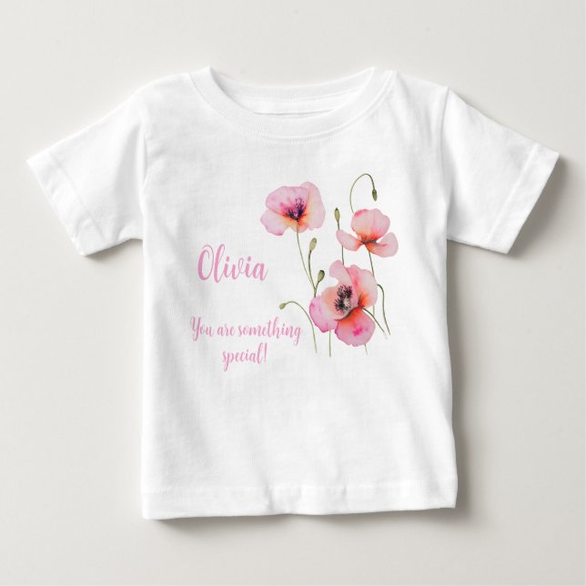 Camiseta Agosto flor de nascimento Pink Papoila Aquarela Fl (Frente)