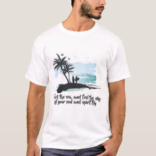 Camiseta Água azul preta Aguarela palmeira, ave oceano Verã