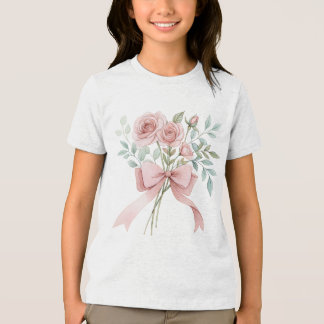 Camiseta Água-forte Buquê Rosa Poeirento com Laço Floral Ch