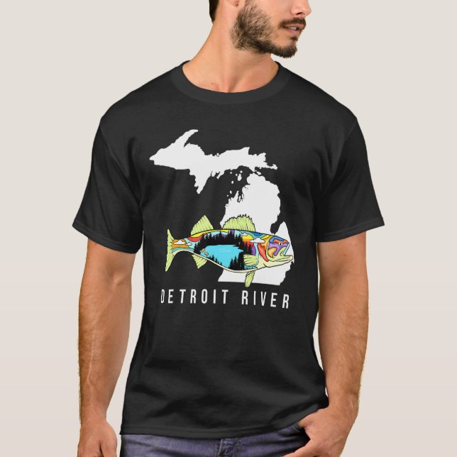 Camiseta Água fresca de Pesca do Rio Detroit Walleye (Frente)