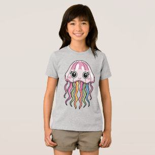 Camiseta Água-viva branca Kawaii com Arco-Íris em Tentáculo