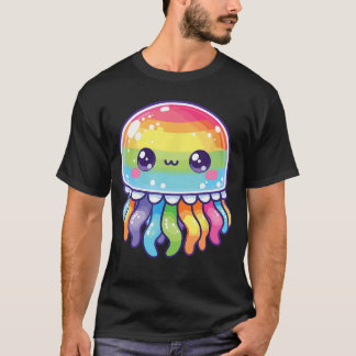 Camiseta Água-viva Kawaii Cores Arco-íris Água-viva Kawaii 