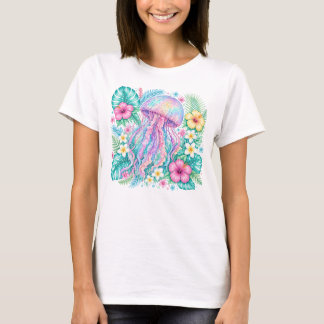 CAMISETA AGUAMEDAS COLORIDAS COM FLORES TROPICAIS BONITAS