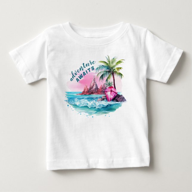 Camiseta Aguardam Aventura a Vista de Montanha de Palma de  (Frente)