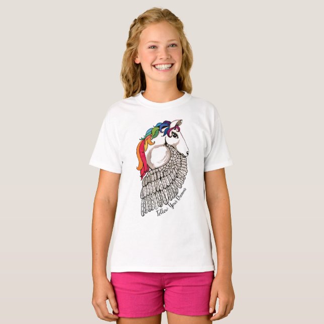 Camiseta Aguarela Pegasus com cabelo do arco-íris (Frente Completa)