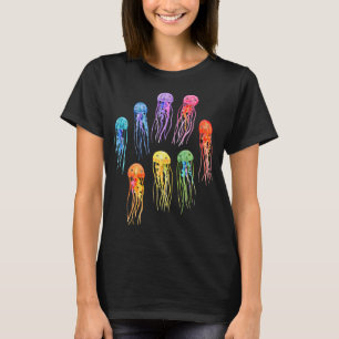 Camiseta Águas-vivas Arco-íris em Aquarela sobre Azul-turqu
