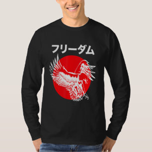 Camiseta Águia Atacando Escrevendo Kanji Japonês Na Ascensã