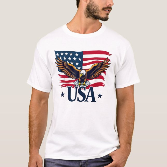 Camiseta Águia Patriótica e Design de Bandeira para a Améri (Frente)