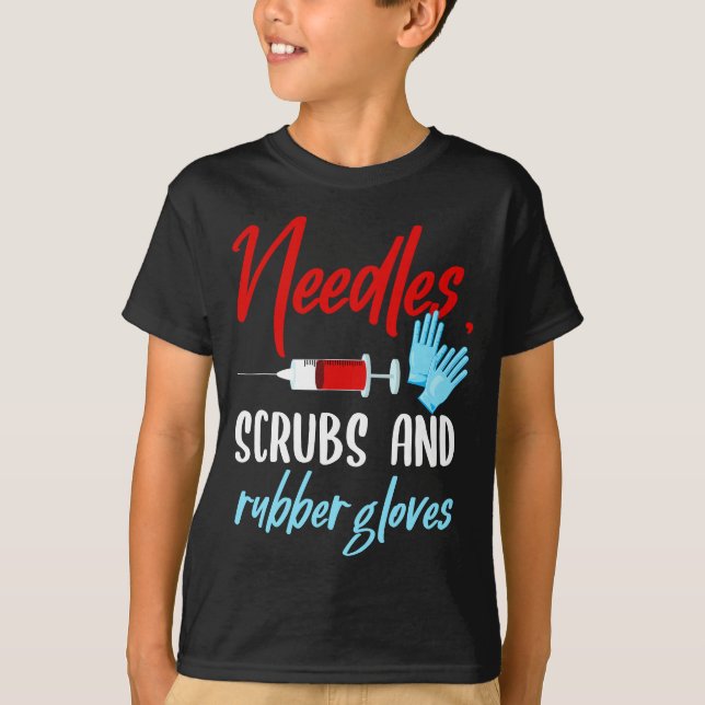 Camiseta Agulha Phlebotomist Escrubs Luvas Phlebotomy Tech (Frente)
