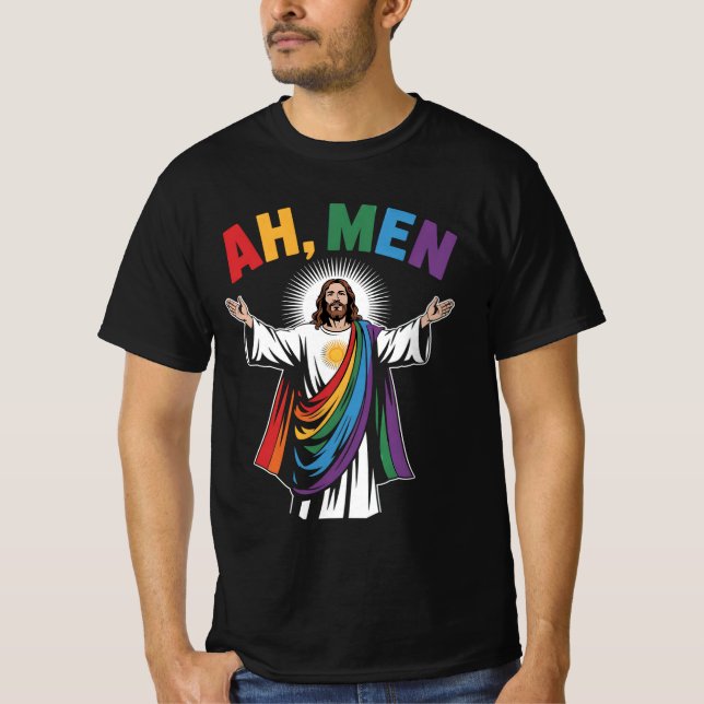 Camiseta Ah Men Engraçado Jesus LGBTQ Orgulho gay Rainbow (Frente)