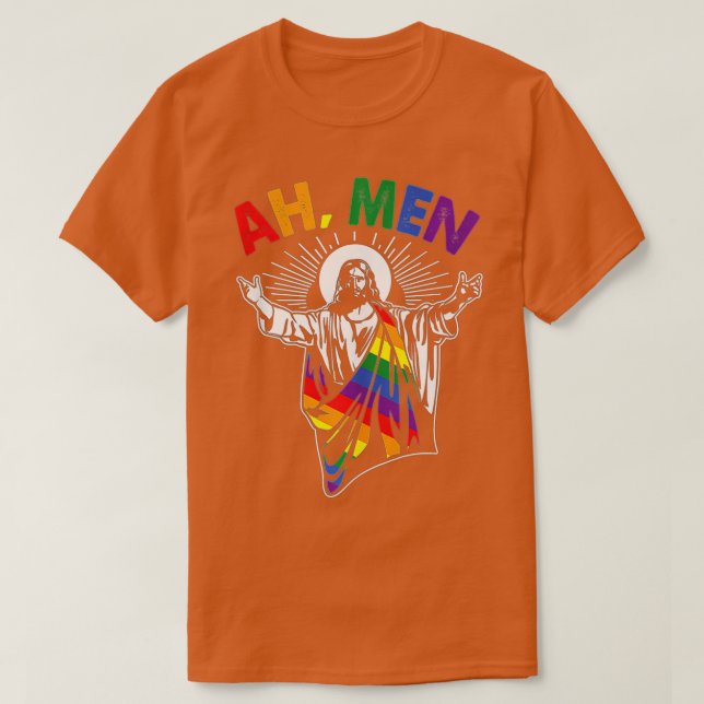 Camiseta Ah Men Funny LGBT Gay Pride Jesus Rainbow Flag Chr (Frente do Design)