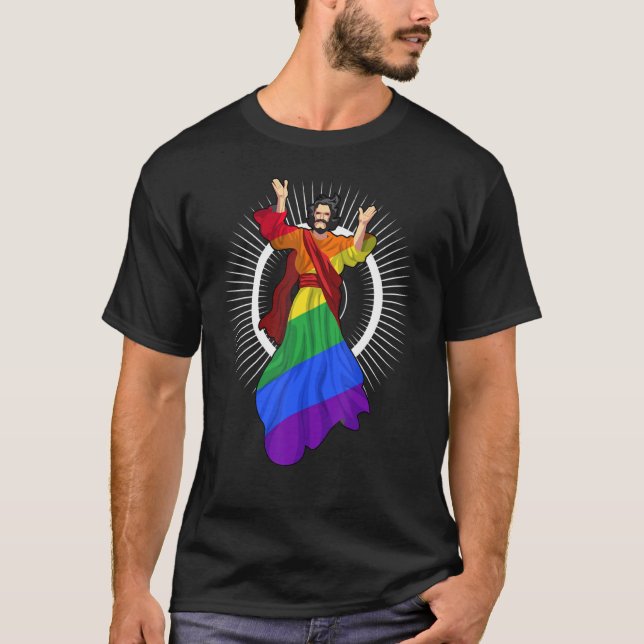 Camiseta Ah Men Funny Lgbt Orgulho gay Jesus Rainbow Flag C (Frente)