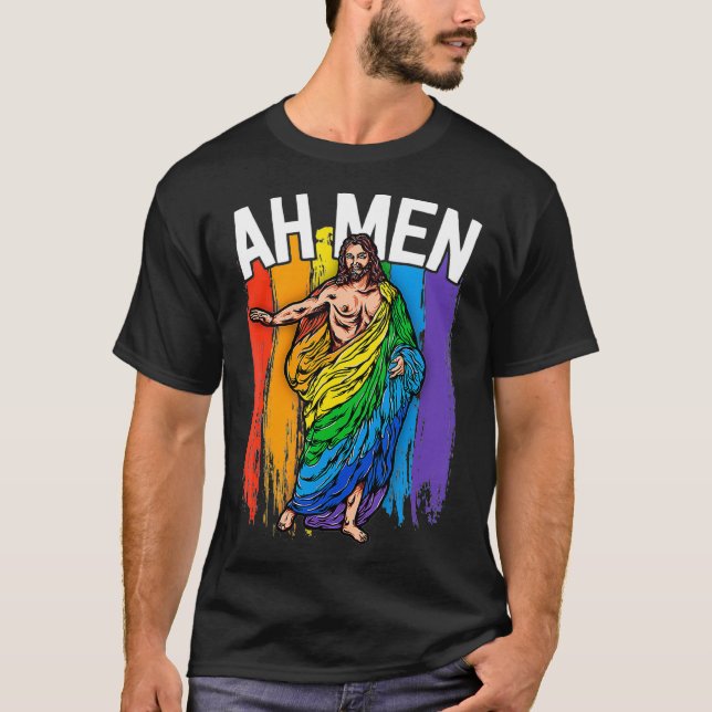 Camiseta Ah Men Gay Jesus  Funny LGBTQ s Gifts Rainbow  (Frente)