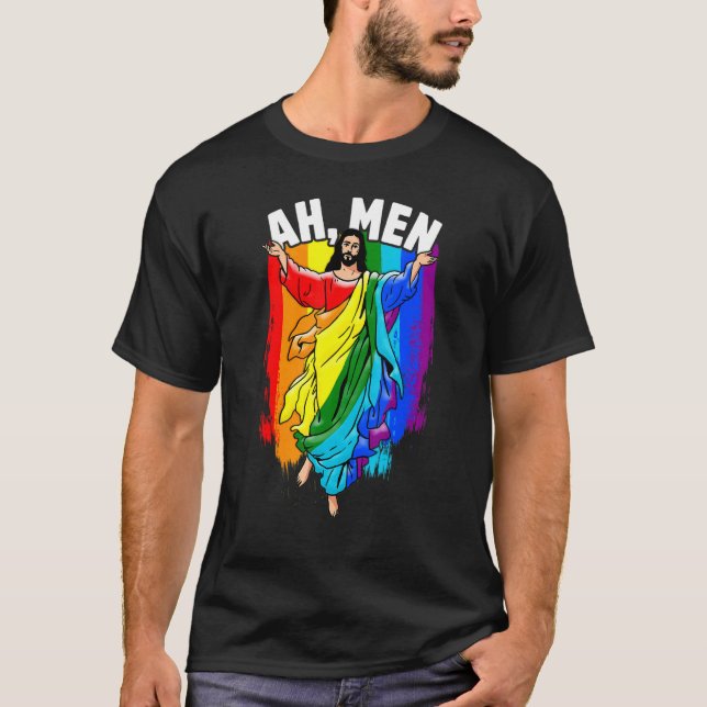 Camiseta Ah Men Gay Jesus LGBTQ Pride Rainbow (Frente)
