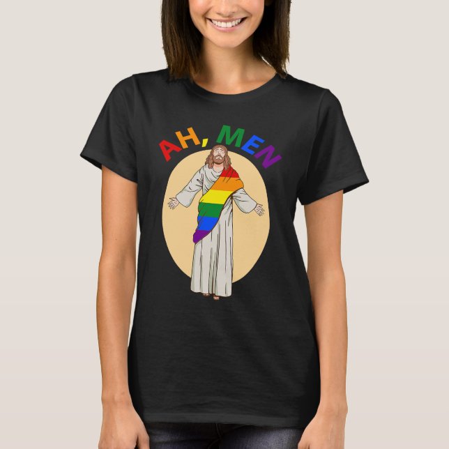 Camiseta Ah Men Gay Pride Jesus Rainbow  LGBT Flag Christia (Frente)