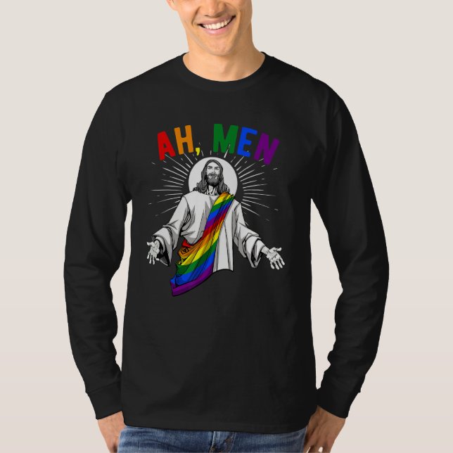 Camiseta Ah Men Lgbt Orgulho gay Jesus Rainbow Flag Christi (Frente)