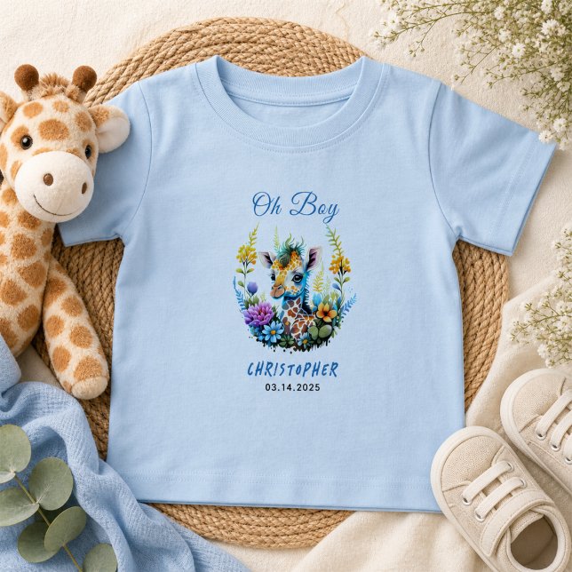 Camiseta Ah, Menino! Chuvinha de Bebê Girafa Bebê  (Oh Boy! Baby Giraffe Baby Shower T-Shirt)